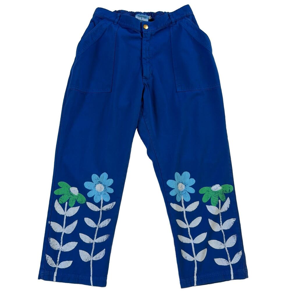Bid Bud Press Work Pants Womens 1XL Blue Daisy Boho Mod Floral Retro Made In USA